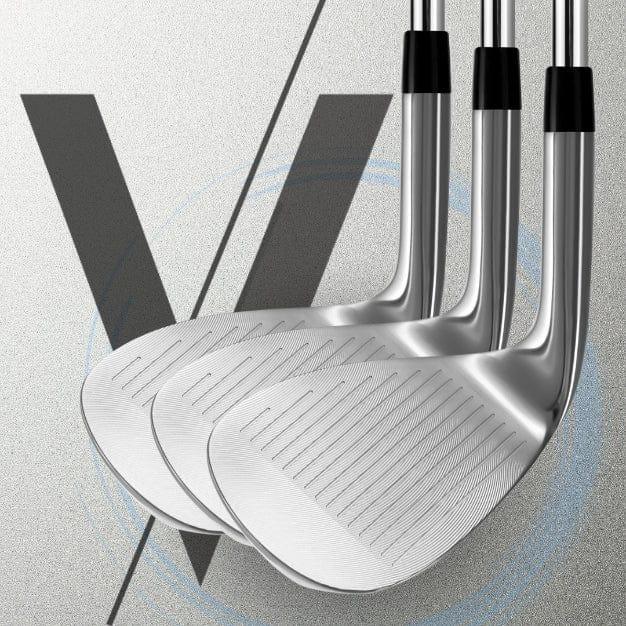 Three Lazrus milled V golf wedges with steel shafts displayed against a textured background