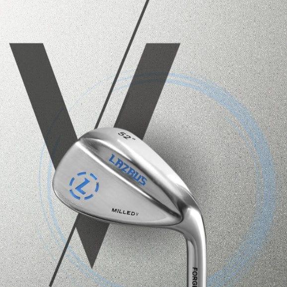 Lazrus Milled V 52° golf wedge with forged steel finish and blue branding on textured V background