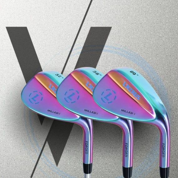 Set of three Lazrus Milled V golf wedges with colorful chrome finish and engraved loft angles 52°, 56°, 60°