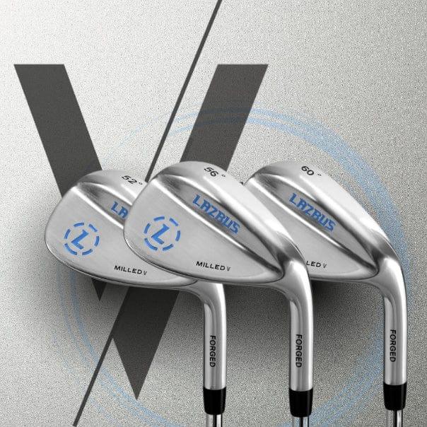 Set of three Lazrus forged milled V golf wedges with lofts 52°, 56°, and 60° displayed on a gray background