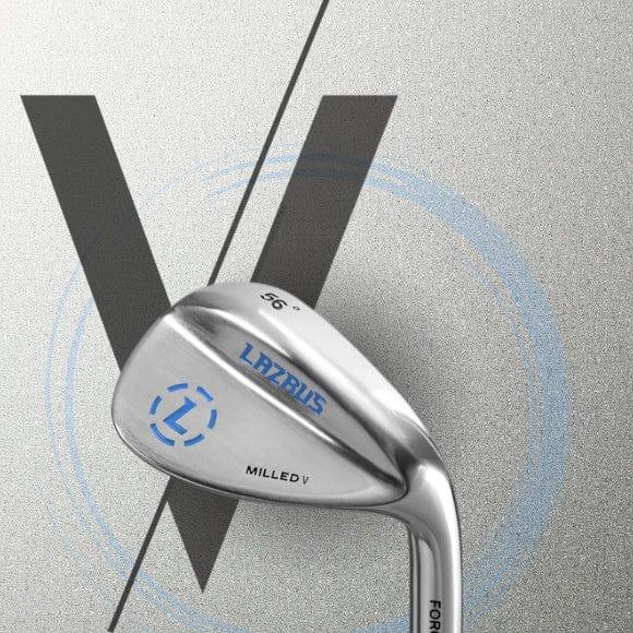 Lazrus Milled V golf wedge club with 56° loft, silver finish, blue logo on textured metallic background