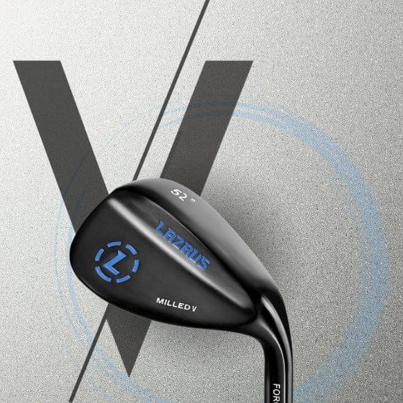 Black Lazrus Milled V golf wedge with 52-degree loft, sleek design on textured background