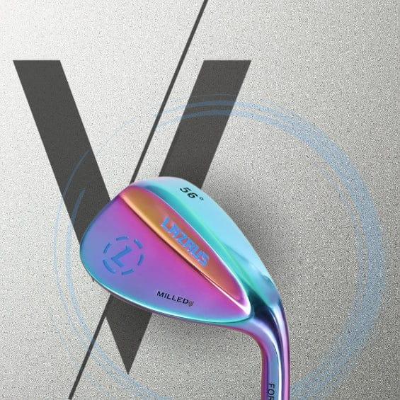 Colorful Lazrus MILLED V 56° golf wedge with metallic finish on textured background