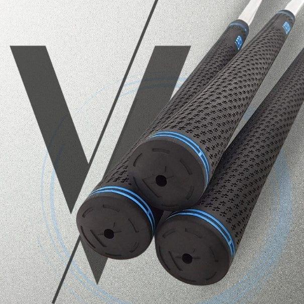 Three golf wedge grips with black textured surface and blue rings on a grey background with large V graphic