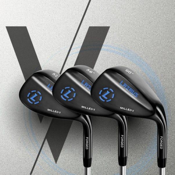 Set of three black Lazrus milled V forged golf wedges with 52°, 56°, and 60° lofts on a gray background