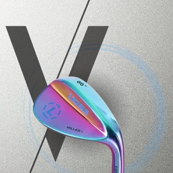 Colorful Lazrus Milled V 60-degree golf wedge with rainbow finish and bold black V background