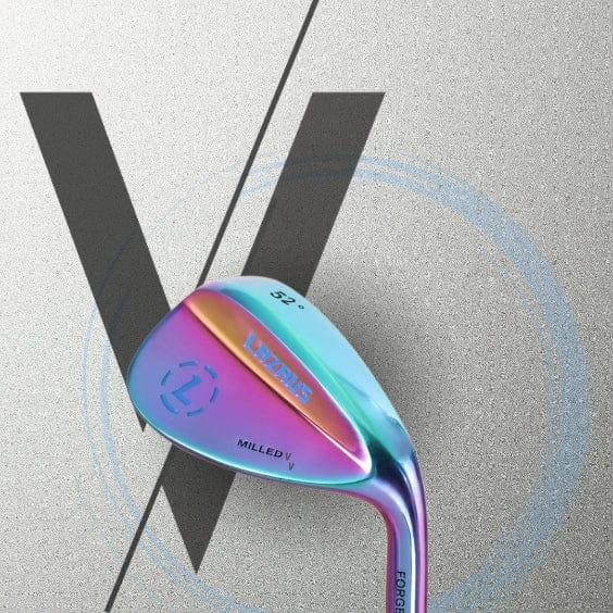 Lazrus Milled V 52° forged golf wedge with iridescent blue-purple finish on textured gray background
