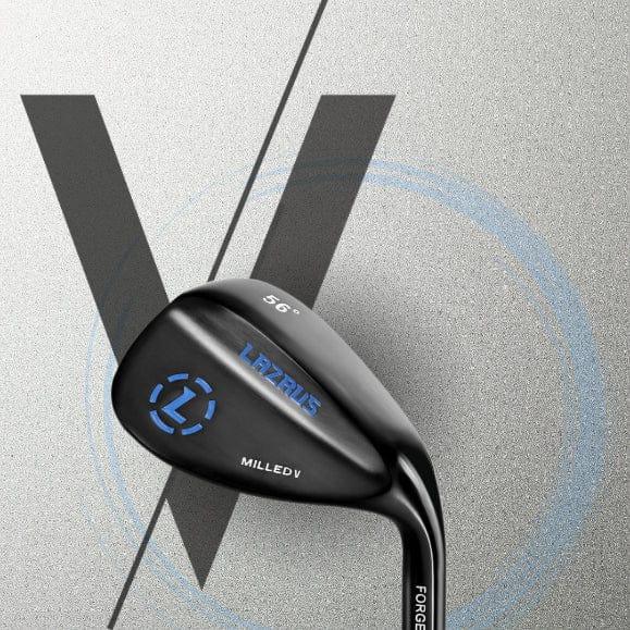 Black Lazrus milled V golf wedge with 56-degree loft on textured gray background