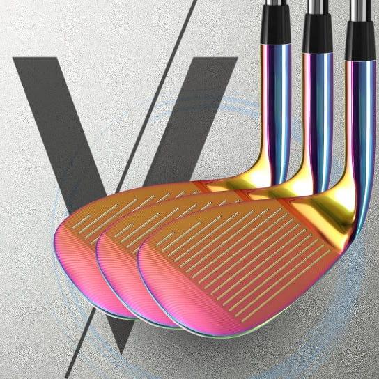 Set of three iridescent Lazrus milled V golf wedges with distinctive grooves on club faces