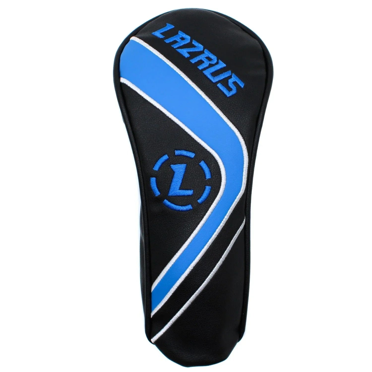 Black golf club head cover with blue and white accents, Lazrus logo embroidered