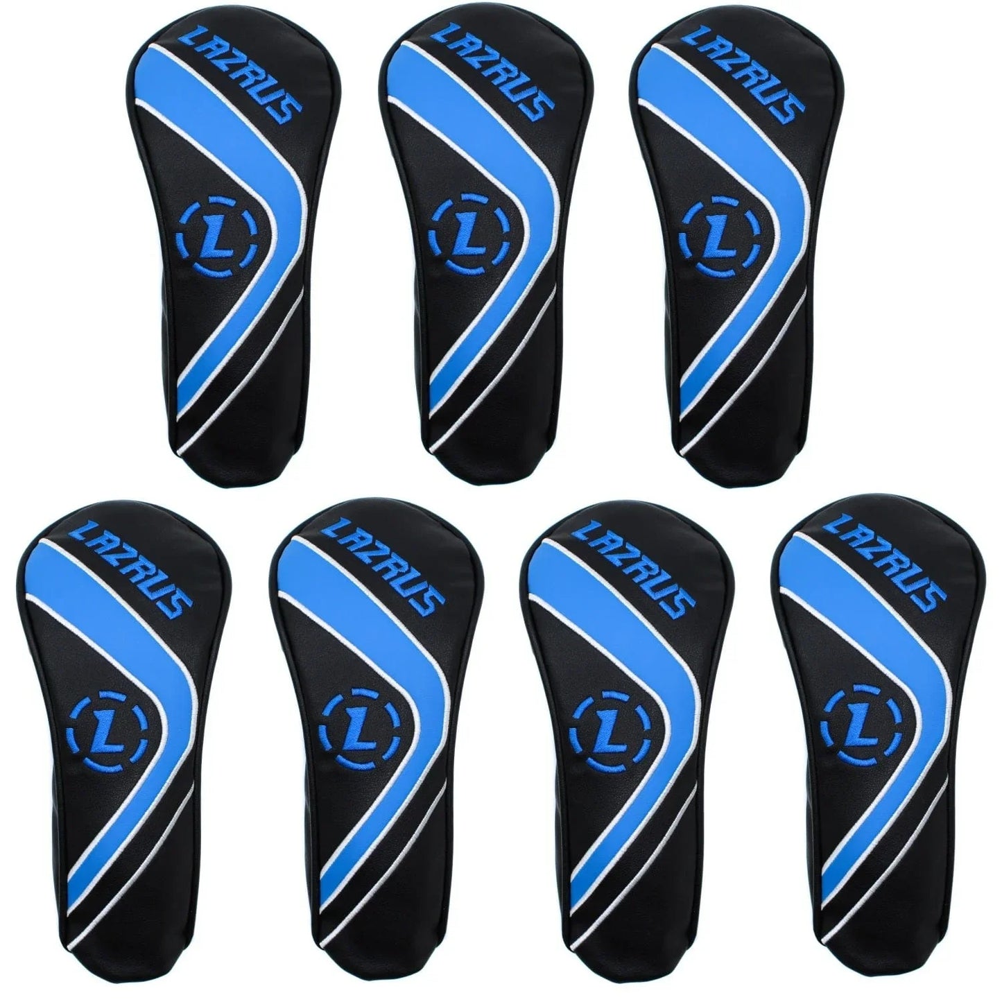 Set of seven black and blue Lazrus premium hybrid wood golf club head covers