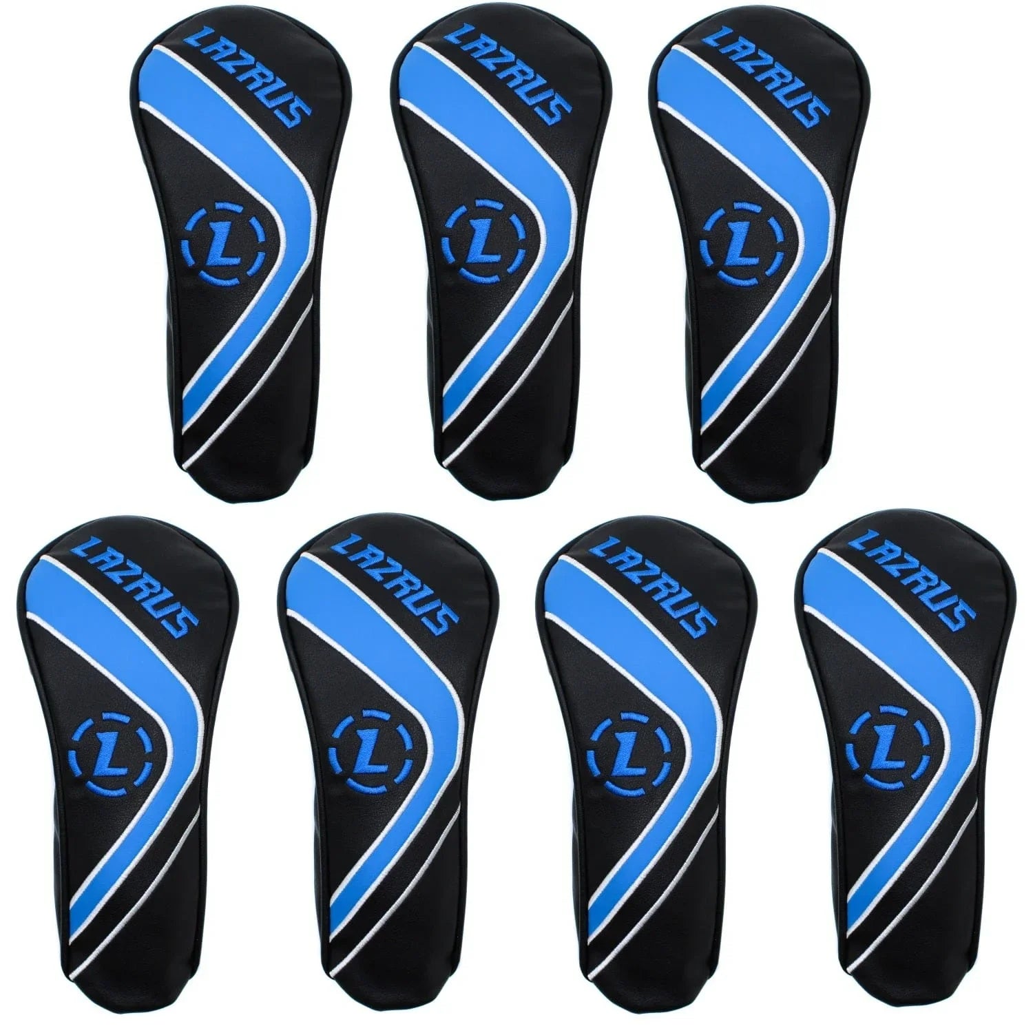 Set of seven black and blue Lazrus premium hybrid wood golf club head covers