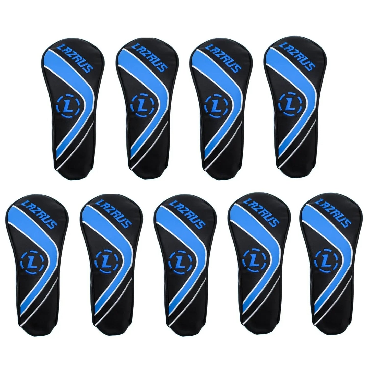 Set of 10 Lazrus premium black hybrid golf club head covers with blue and white accents