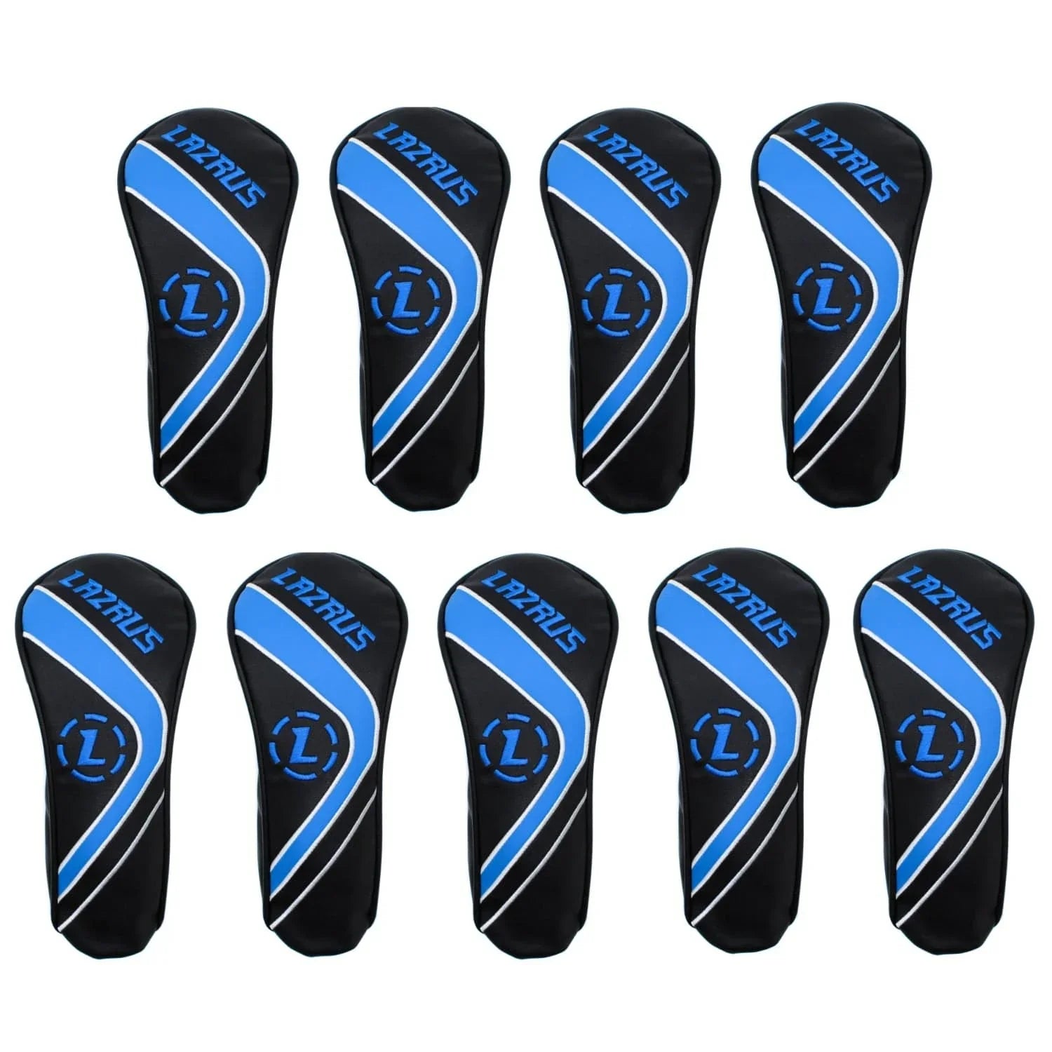Set of 10 Lazrus premium black hybrid golf club head covers with blue and white accents