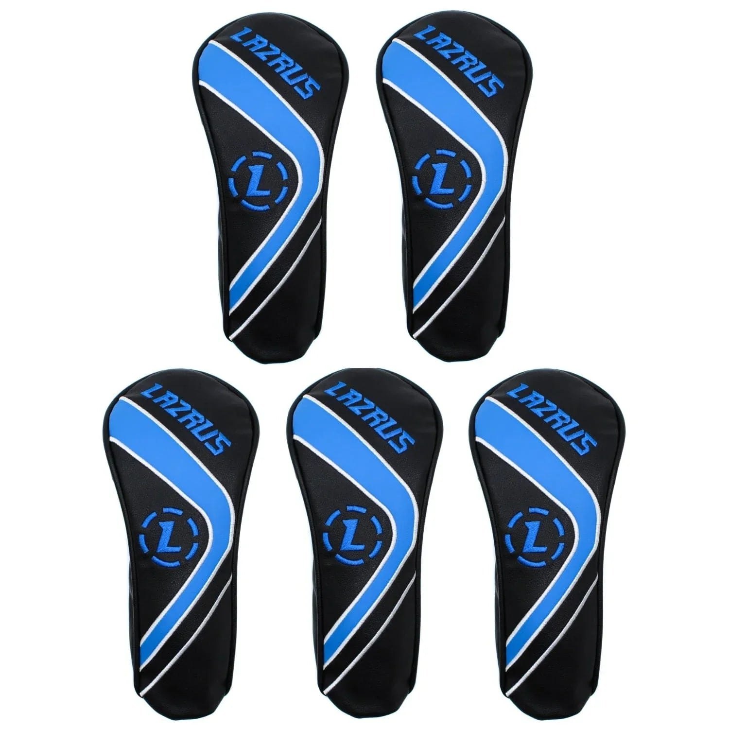 Set of five black Lazrus premium hybrid wood golf head covers with blue and white stripe accents