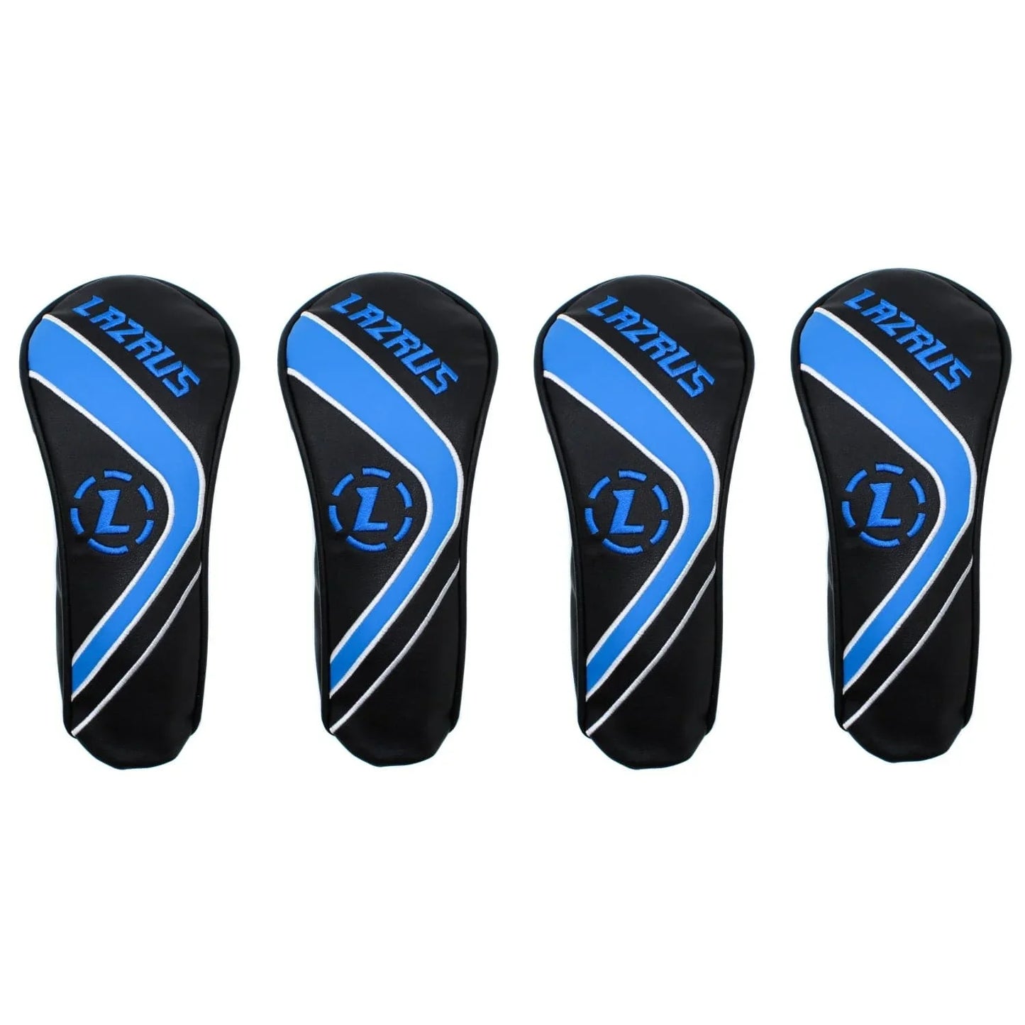 Four Lazrus premium black and blue hybrid golf club head covers with logo and white accents