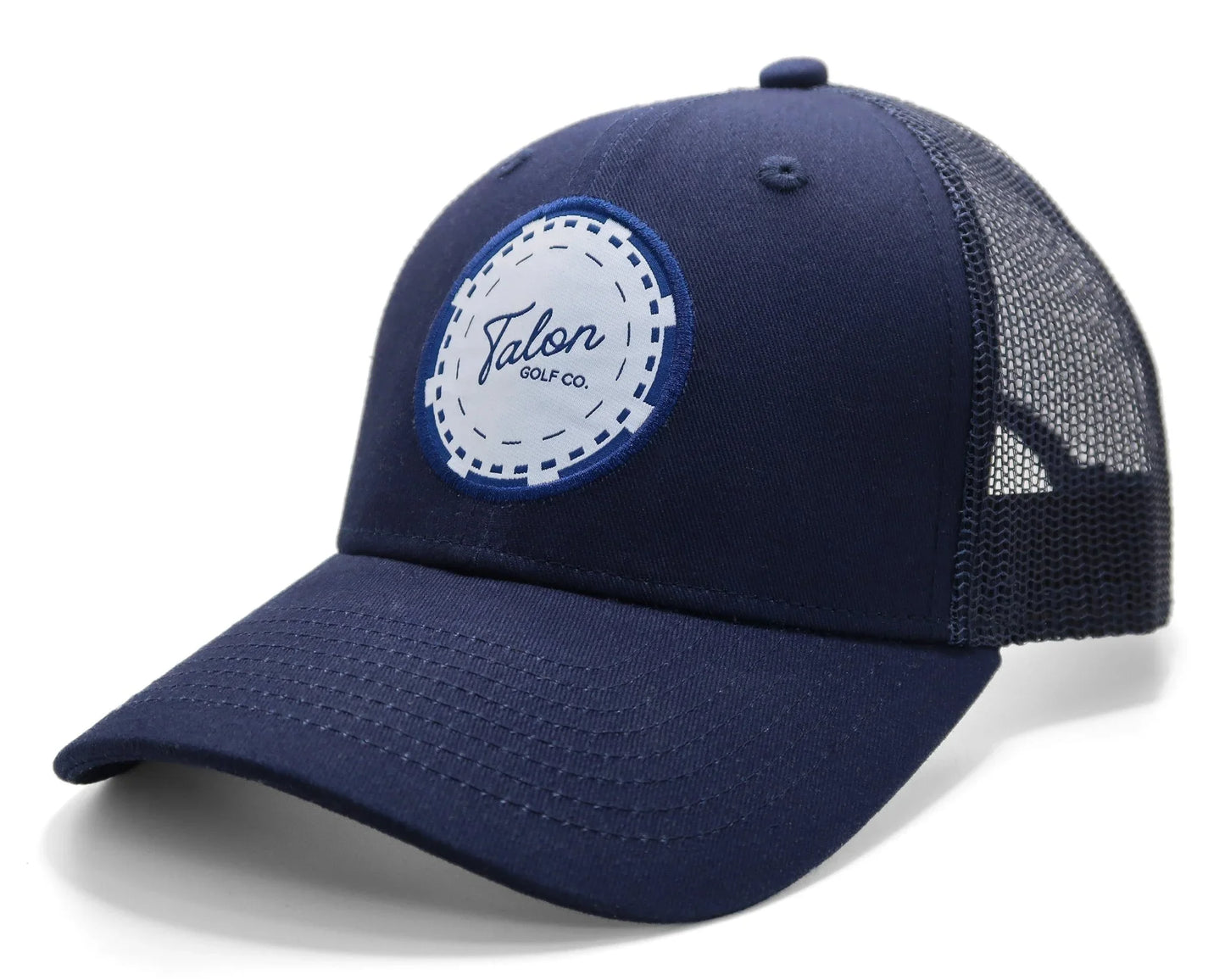 Navy blue trucker hat with mesh back and white Talon Golf Co. patch on front