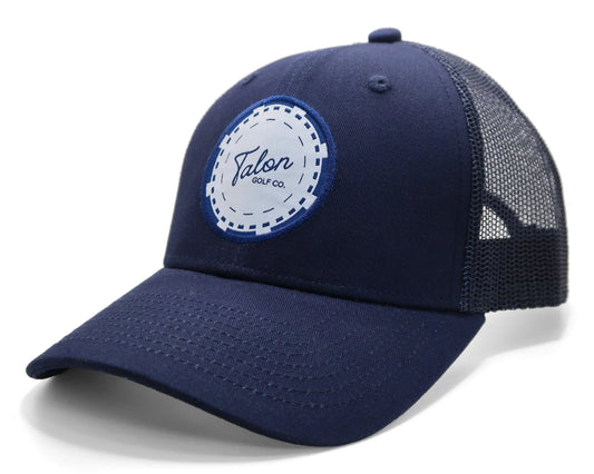 Navy blue trucker hat with mesh back and white Talon Golf Co. patch on front