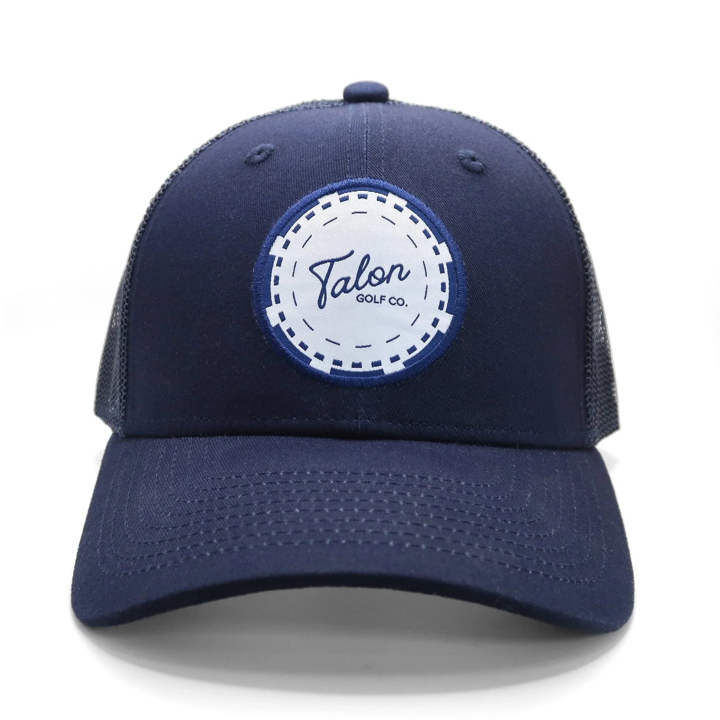 Navy blue trucker hat with Talon Golf Co. round patch logo on front