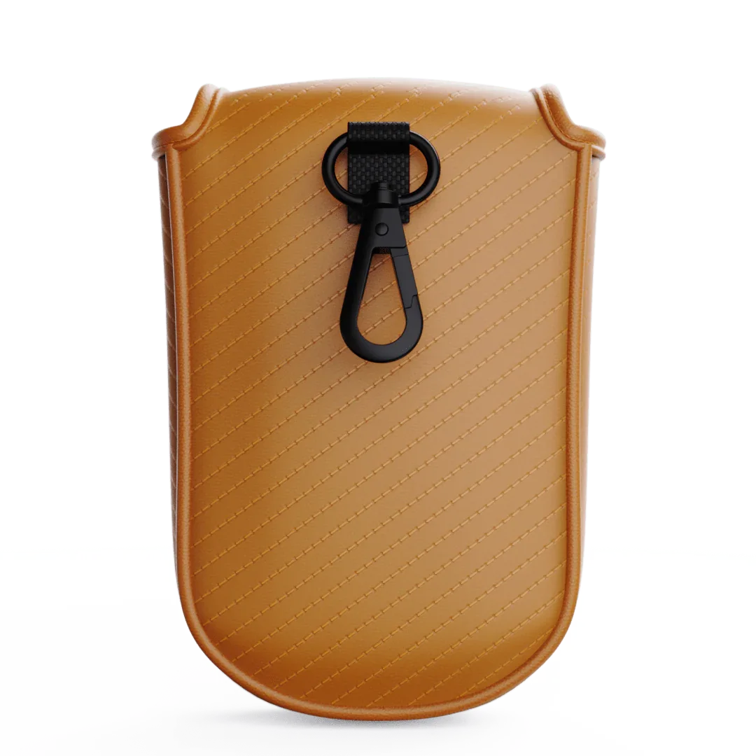 Premium soft shell rangefinder case in tan with black clip on back