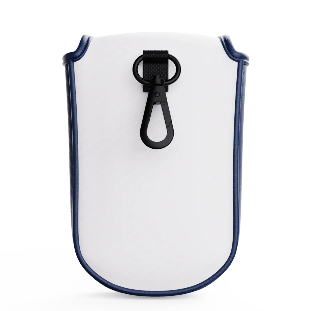 White premium soft shell rangefinder case with navy trim and black clip on white background