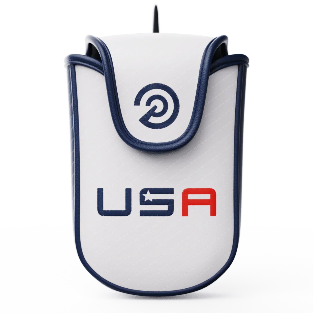 Premium soft shell USA rangefinder case with white quilted fabric and navy blue trim