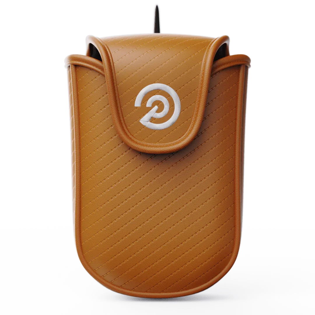 Premium soft shell rangefinder case in brown with stitched details and white logo