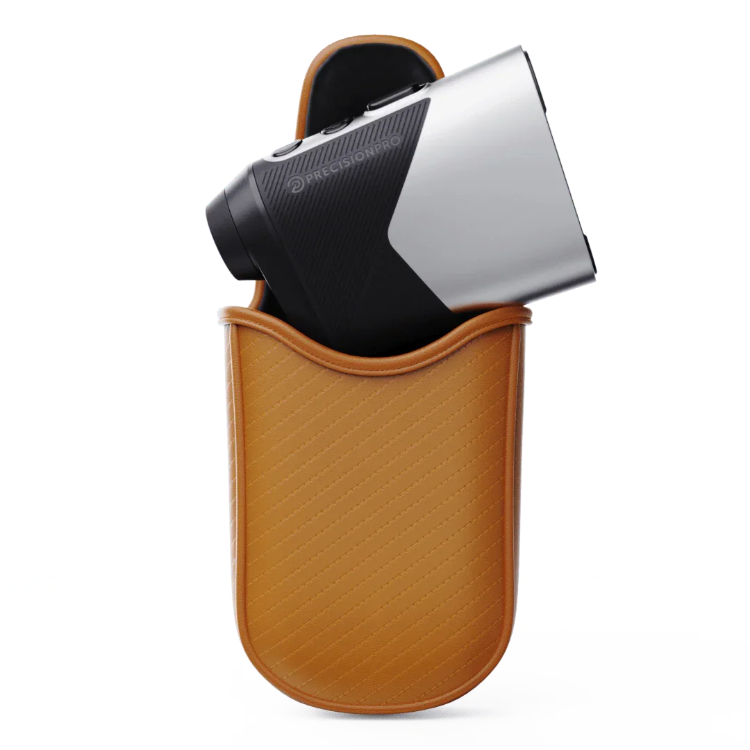 Precision Pro rangefinder partially inside a brown premium soft shell protective case