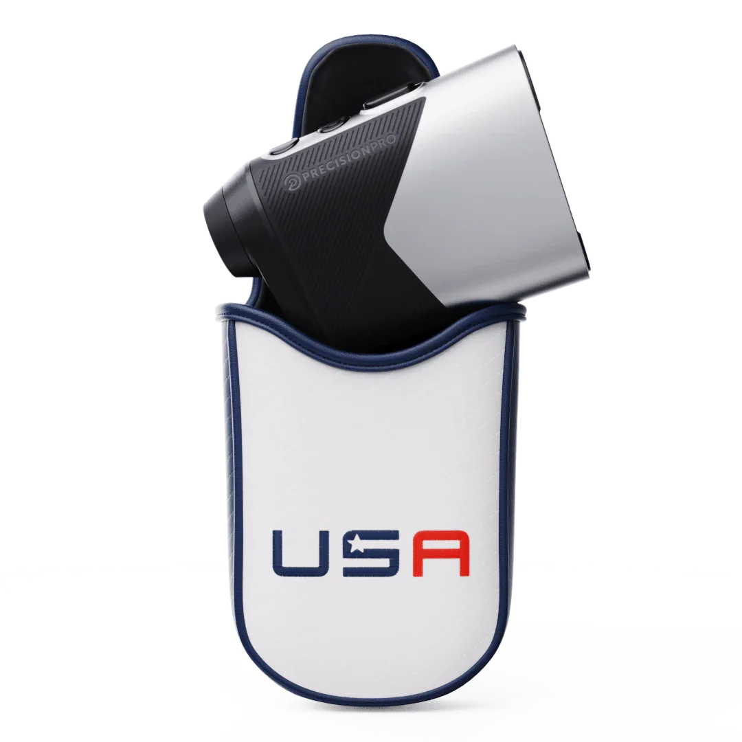 Precision Pro rangefinder in a white soft shell case with USA lettering and navy trim
