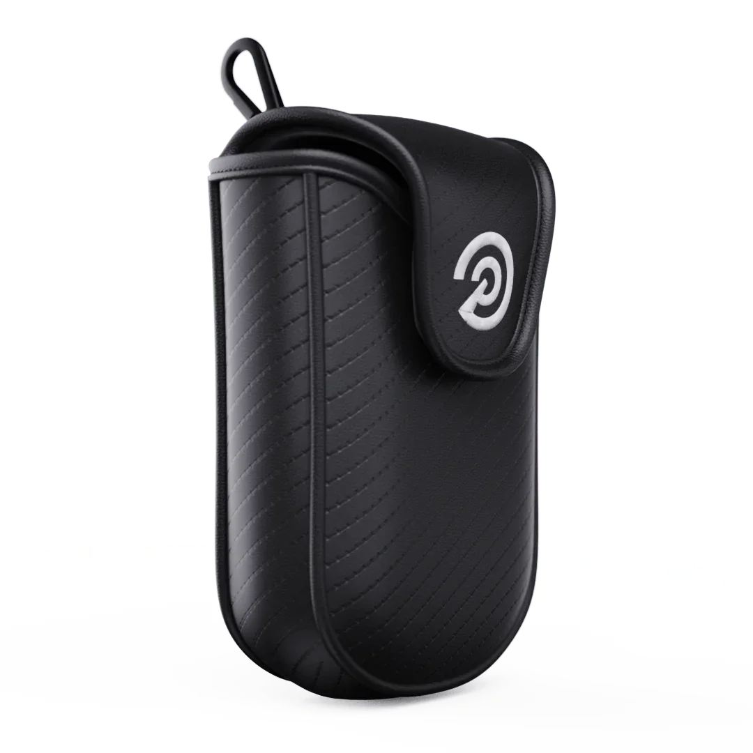 Black premium soft shell rangefinder case with textured diagonal lines and logo on flap