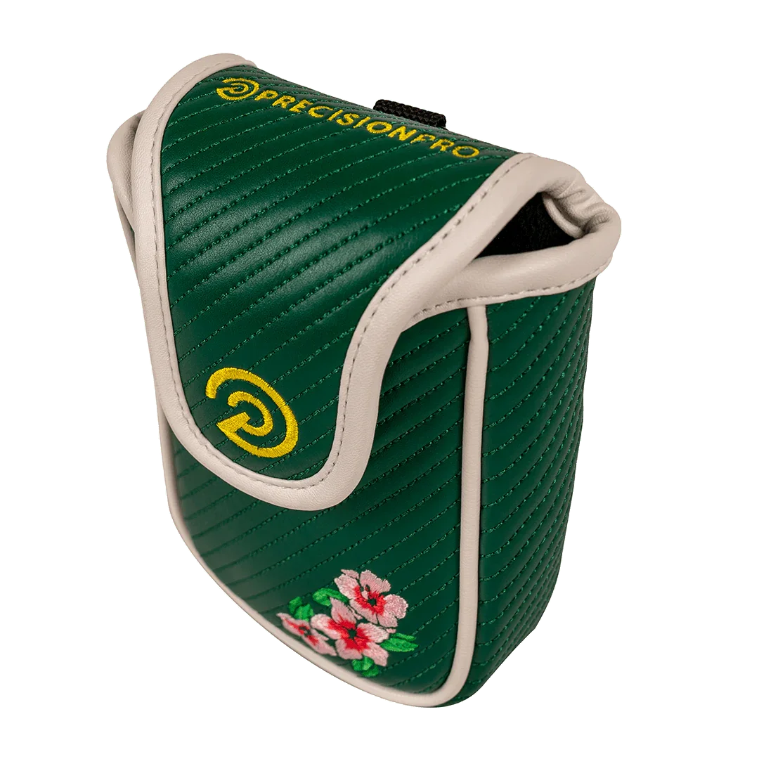 green quilted soft shell rangefinder case with floral embroidery and yellow Precision Pro logo