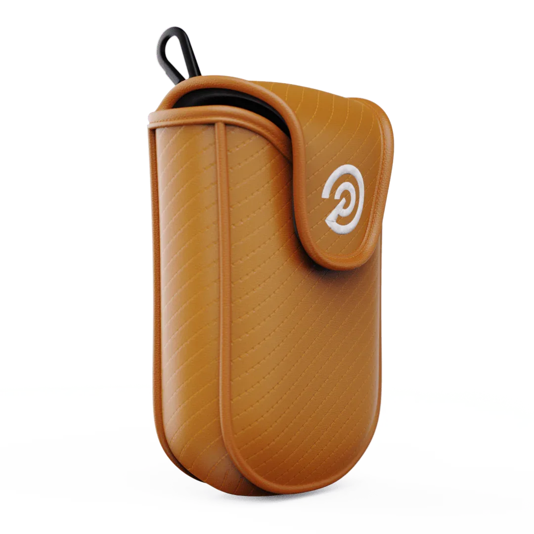 Premium tan soft shell rangefinder case with quilted texture and clip attachment