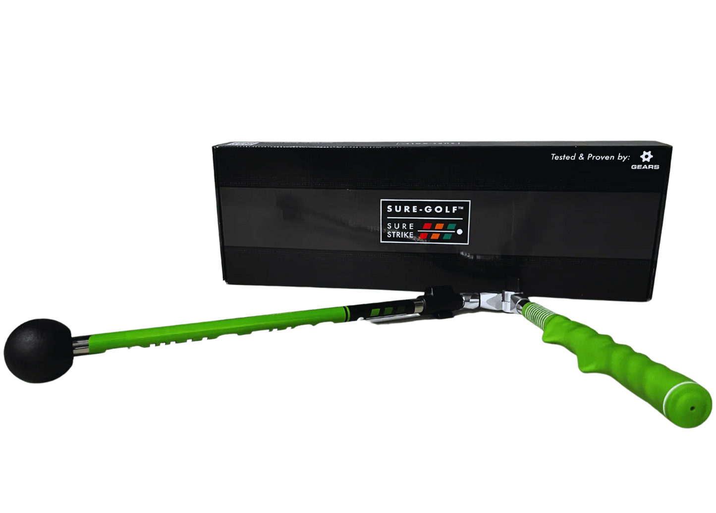 Sure-Golf Sure Strike training aid with green handle and black box packaging for golf practice