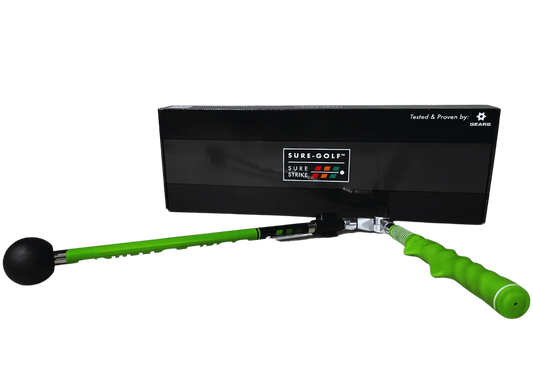 Sure-Golf Sure Strike training aid with green handle and black box packaging for golf practice