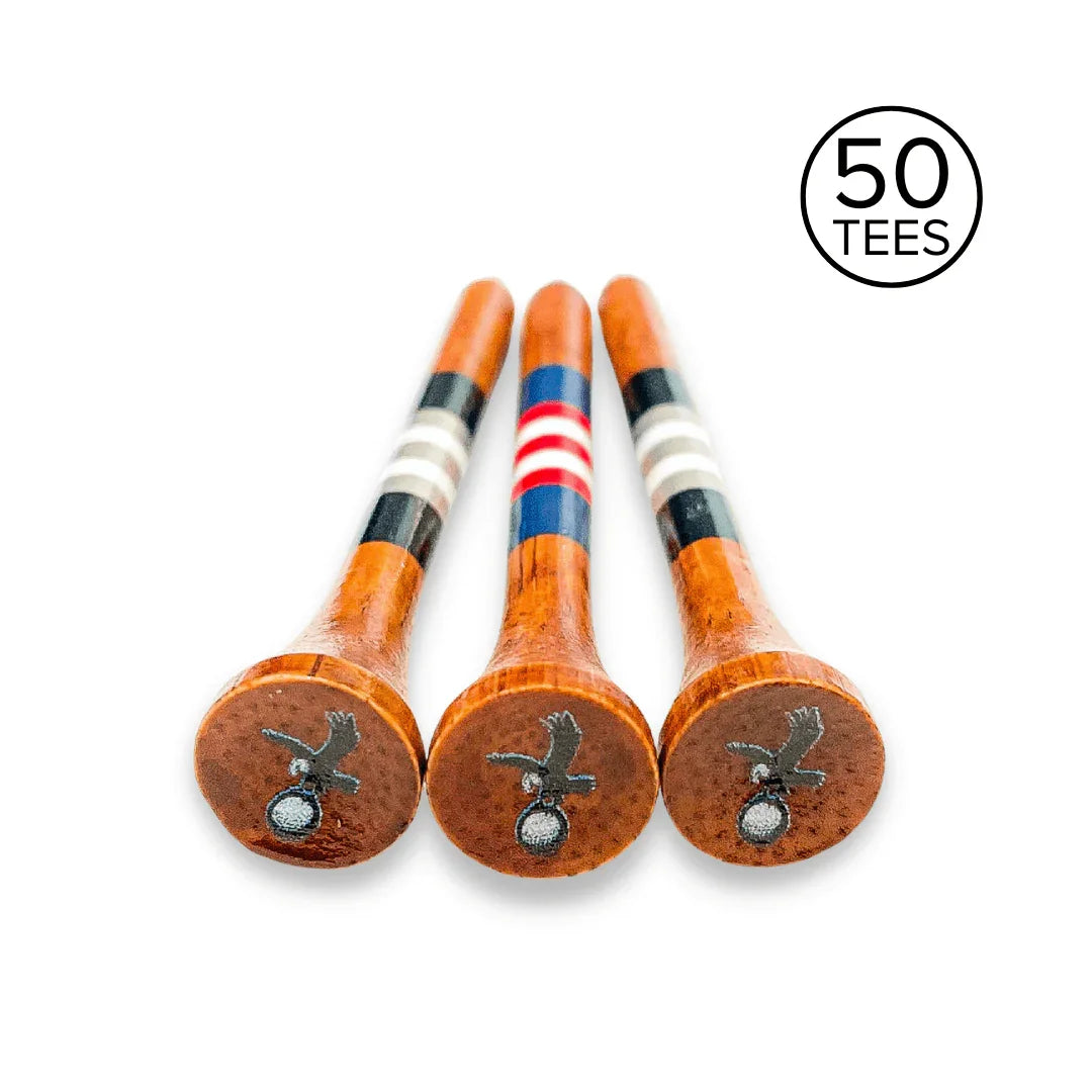 Three Talon Eagle bamboo golf tees with striped designs and 50 pack label