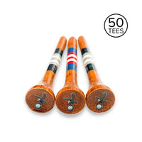 Three Talon Eagle bamboo golf tees with striped designs and 50 pack label