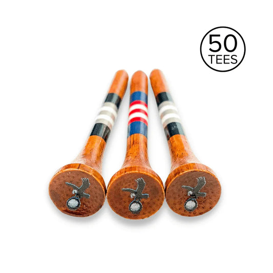 Three Talon Eagle bamboo golf tees with striped designs and 50 pack label