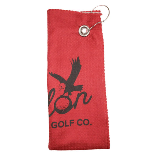 Red Talon Utility golf towel with black eagle logo and metal hook for hanging