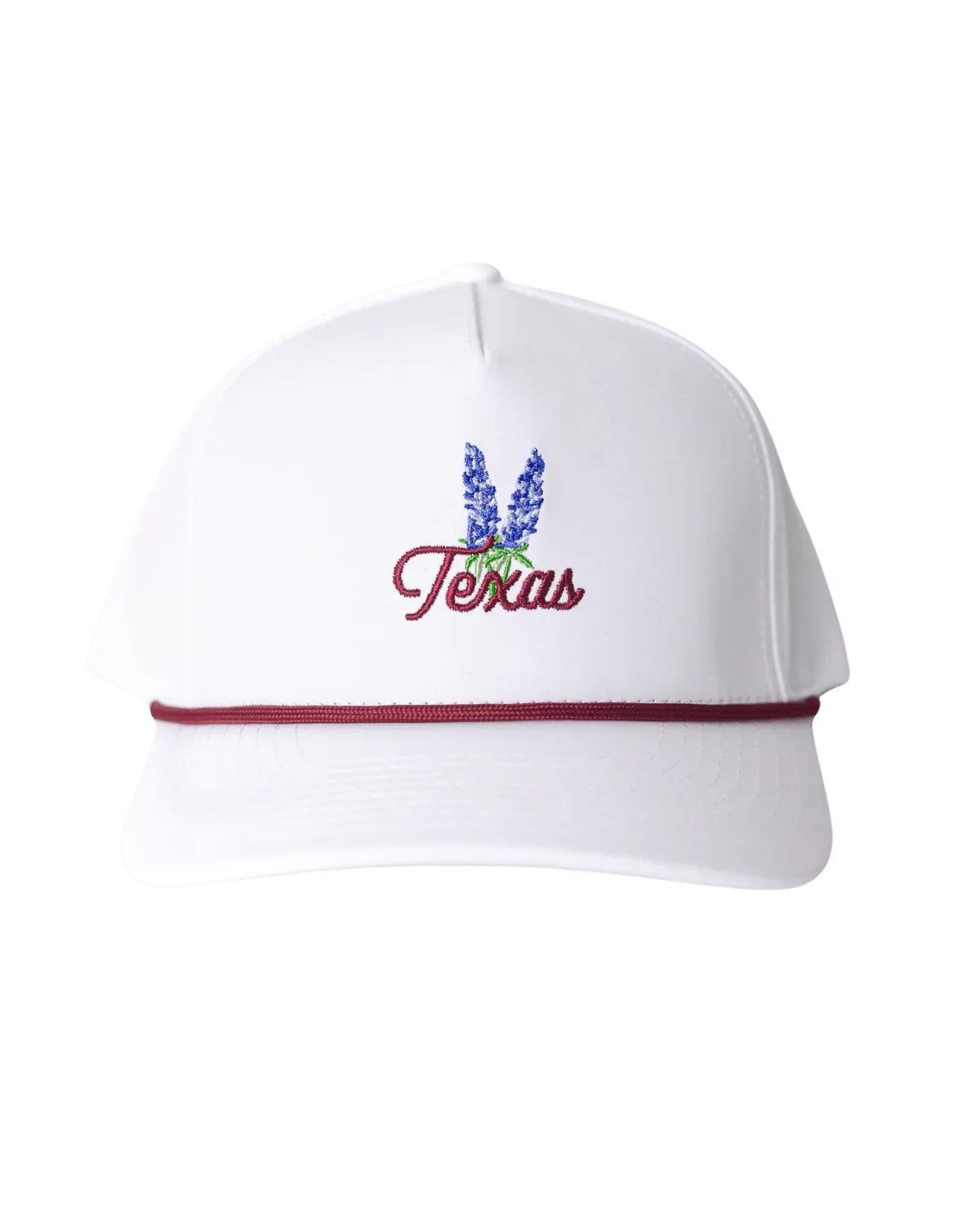 White baseball cap with Texas script, bluebonnet flower embroidery, and maroon rope detail