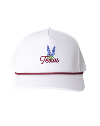 White baseball cap with Texas script, bluebonnet flower embroidery, and maroon rope detail