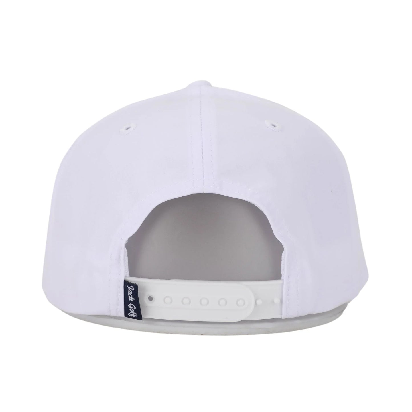 Back view of white snapback hat with adjustable strap and small black tag