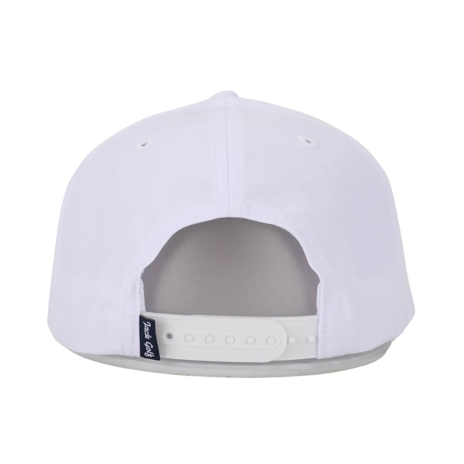 Back view of white snapback hat with adjustable strap and small black tag