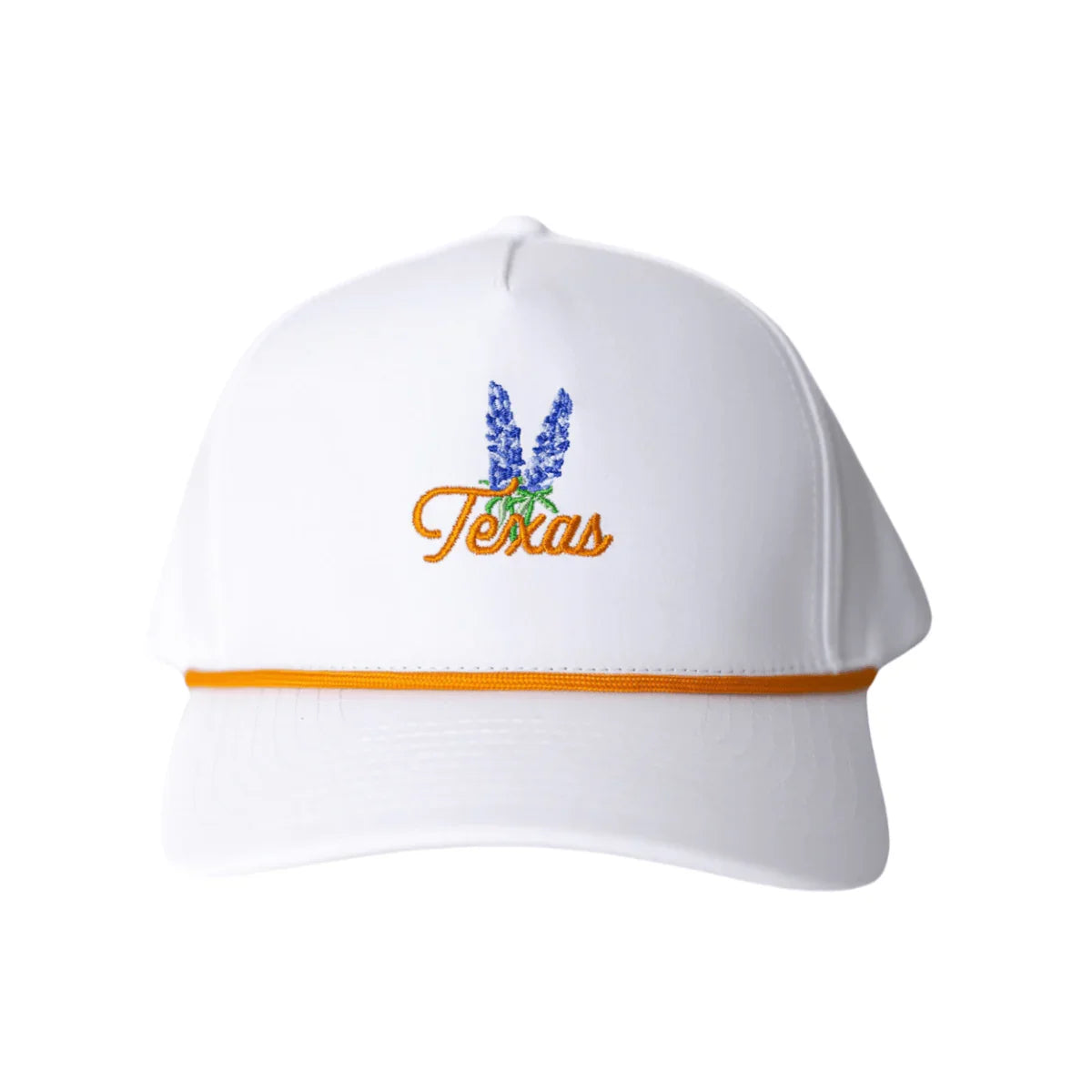 White baseball cap with orange trim, embroidered bluebonnet flowers and Texas text