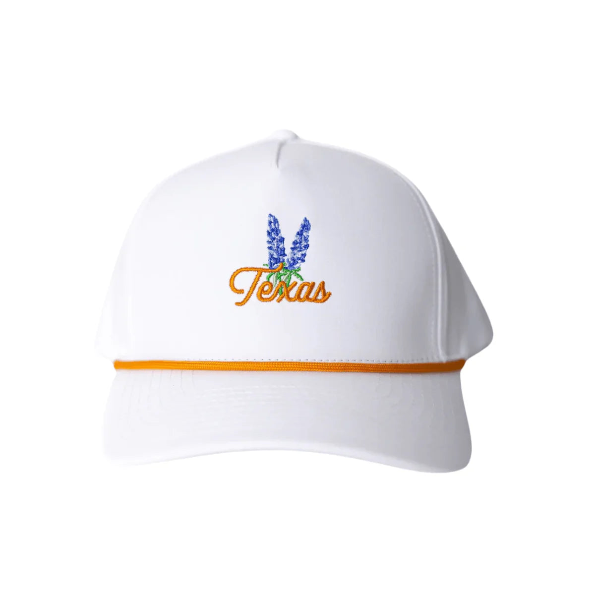 White baseball cap with orange piping and embroidered Texas text with bluebonnet flowers