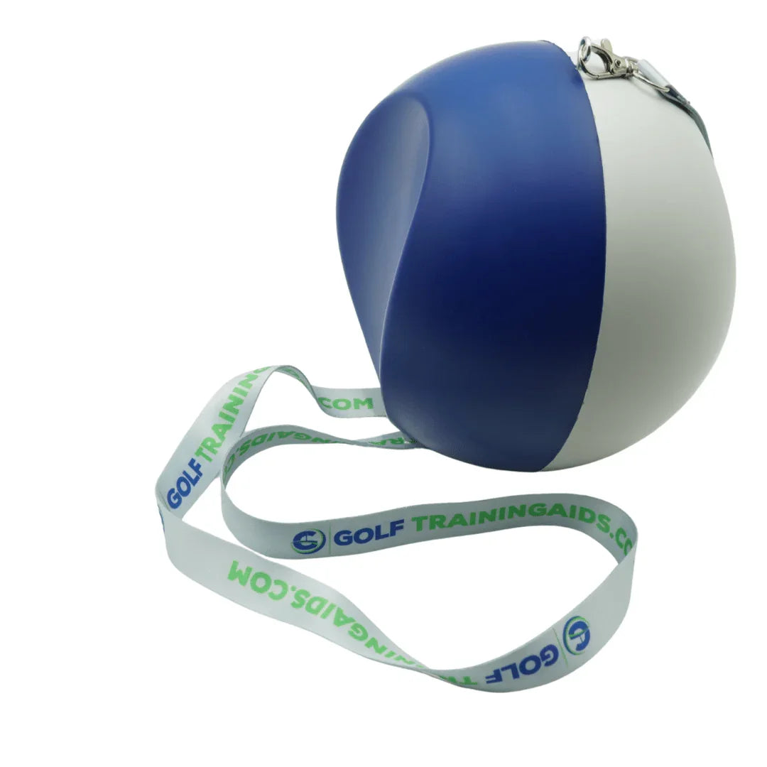 Blue and white golf swing training aid ball with branded strap on white background