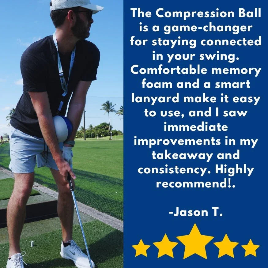 Golfer using the Compression Ball golf swing training aid on a driving range with palm trees in background
