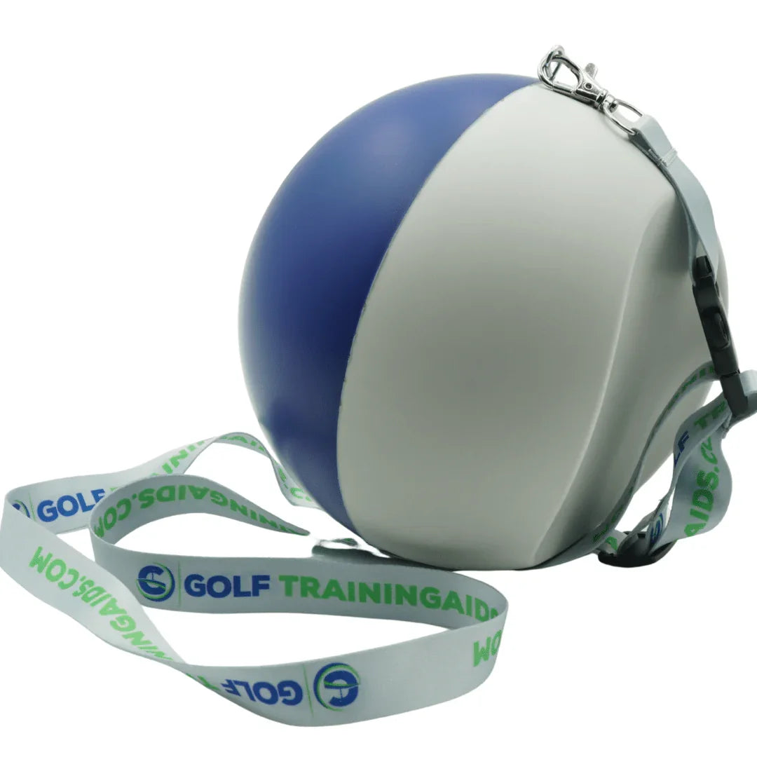 Blue and white compression ball golf swing training aid with a branded lanyard