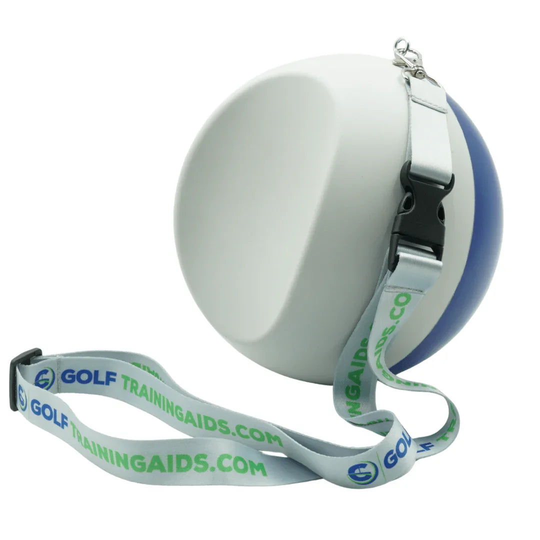Compression ball golf swing training aid with branded strap on white background
