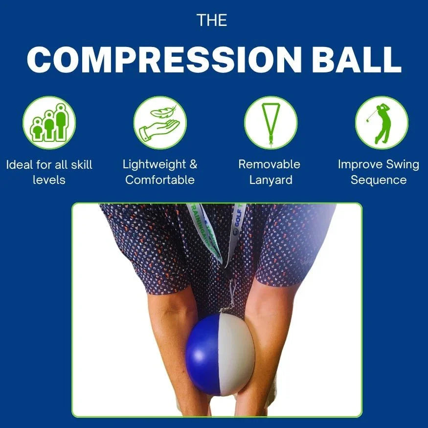 Person holding blue and white Compression Ball golf swing training aid with removable lanyard