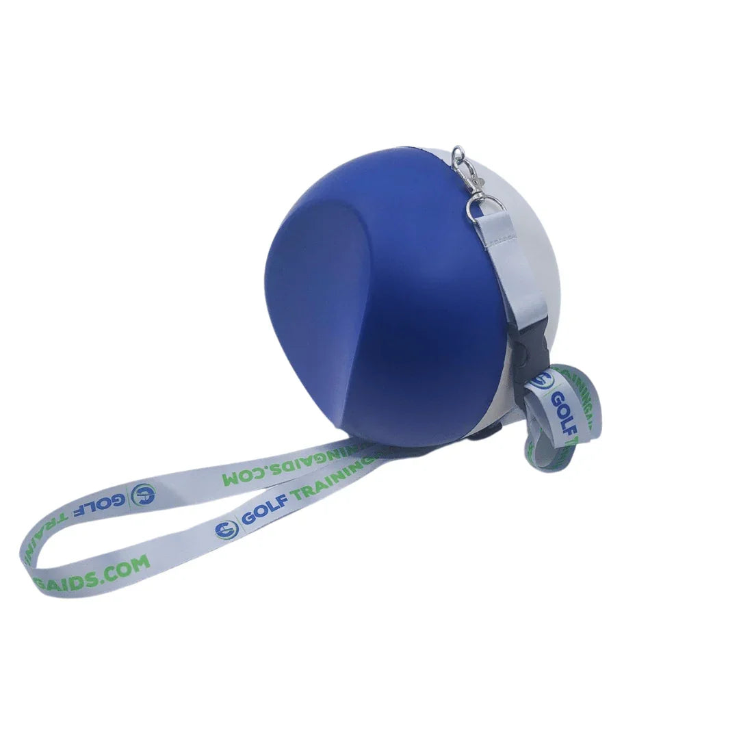Blue and white compression golf swing training ball with branded strap and clip